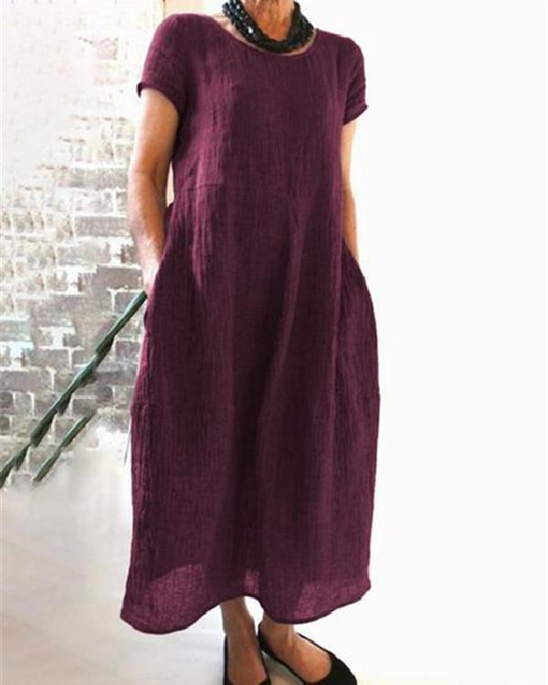 Summer Pockets Round Neck Shift Linen Dresses