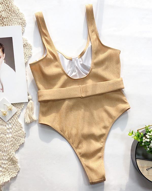 Solid Thin Strap Ribbed One Piece Swimsuit