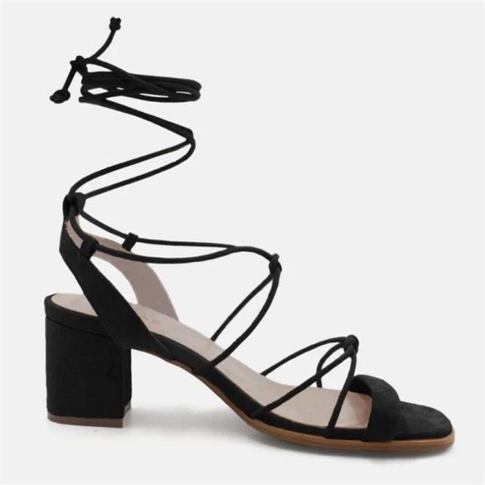 Open Toe Chunky Heel Lace-Up High-Cut Upper Casual Sandals