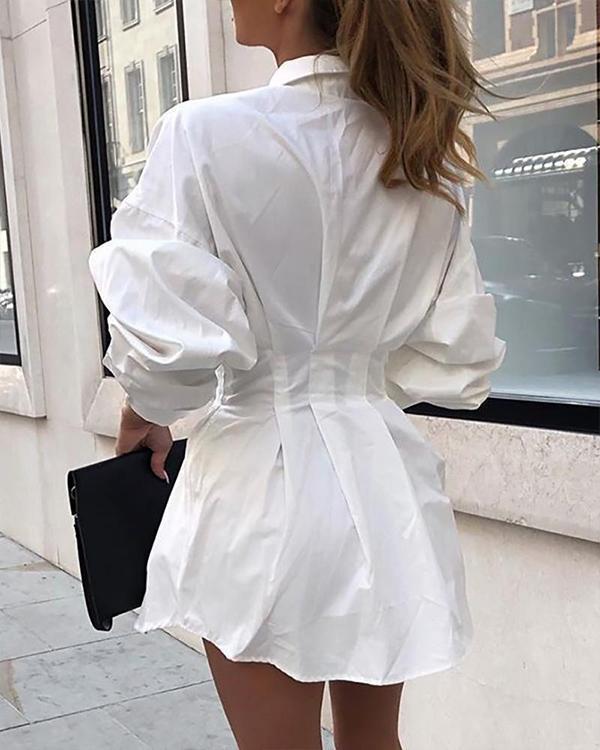 Solid Long Sleeve Tight Waist Shirt Dress