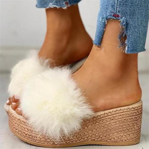 Women Fluffy Platform Wedge Heeled Sandals