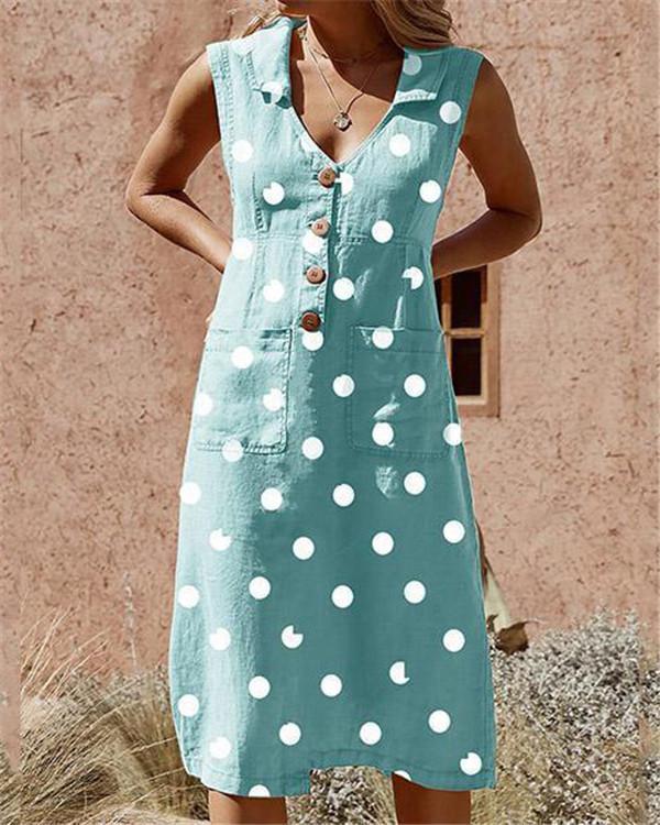 Plus Size Elegant Buttoned Down Polka Dot Pockets Dress