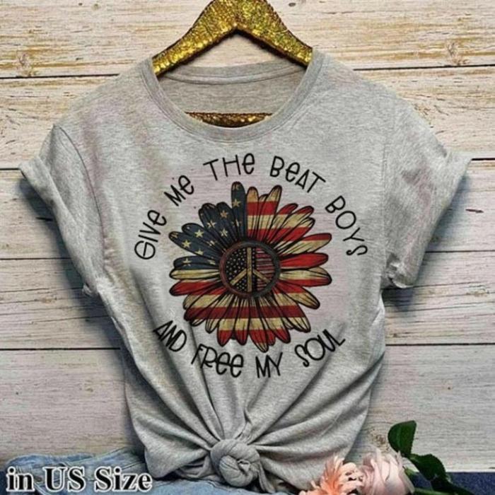 Sunflower American Flag Printed Short-sleeved T-shirt