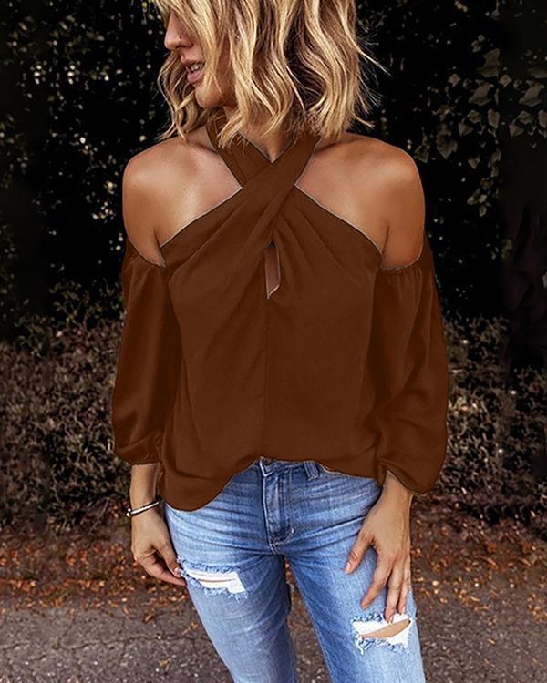 Women Fashion Blouse Halter Solid Color Shirt Casual Off Shoulder Plus Size Blouse