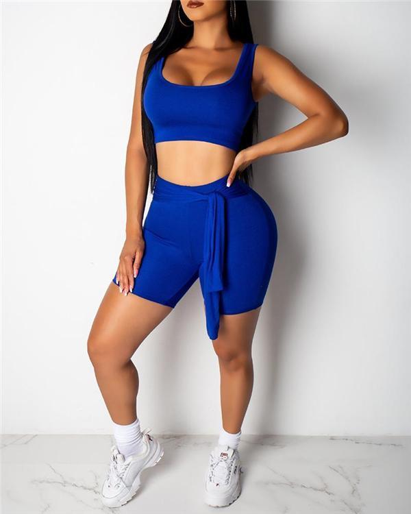 Solid Sport Crop Top And Short Sets