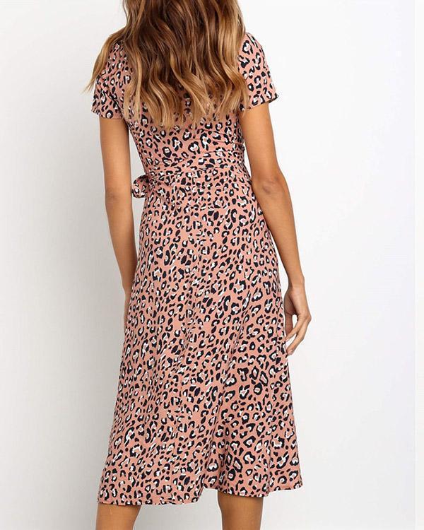 Chiffon Leopard Printed V-neck High Waist Lace-up Dress
