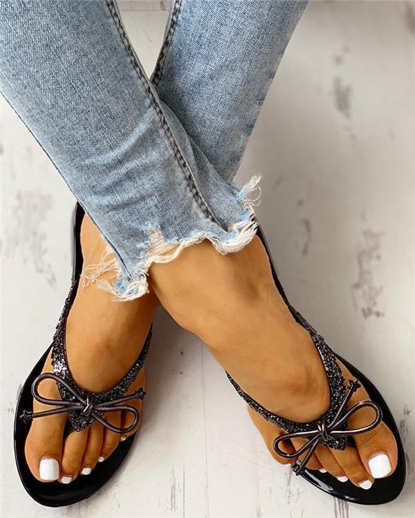 Glitter Bowknot Design Toe Post Sandals