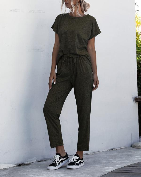 Casual Round Neck Short Sleeve Solid Color Jumpsuit