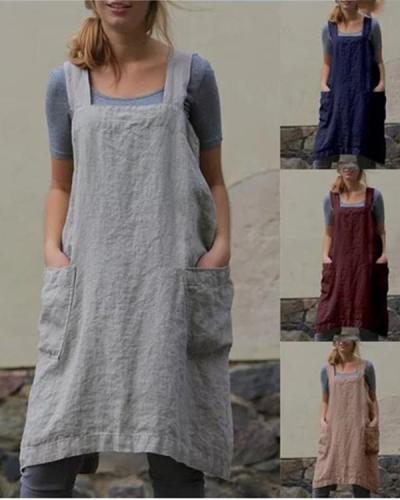 Square Neck Women Shift Daily Cotton-Blend Pockets Dress