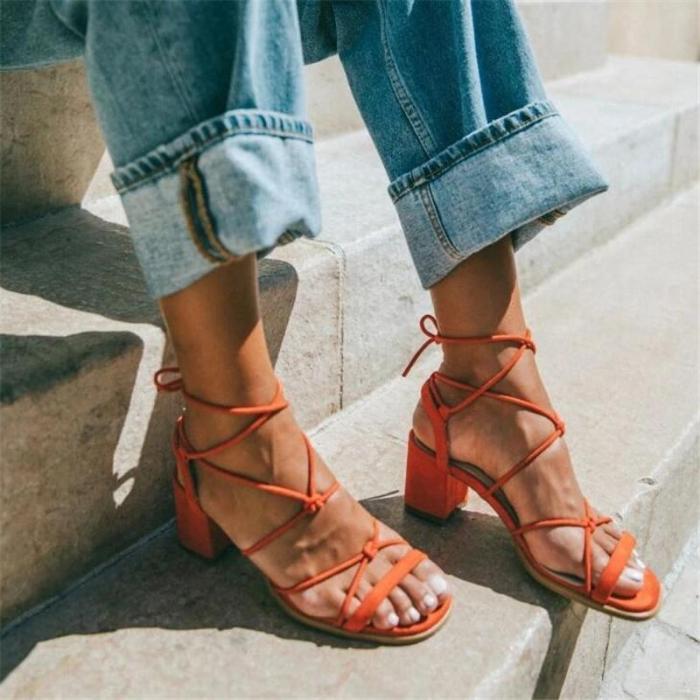 Open Toe Chunky Heel Lace-Up High-Cut Upper Casual Sandals