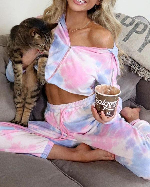 Pink-Blue Tie Dye High Waisted Hooded Two Piece Pajama Set
