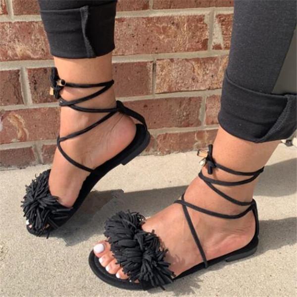 Open Toe Lace-Up Flat With Lace-Up Sexy Sandals