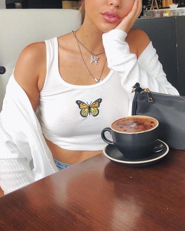 Butterfly Embroidery Camisole Summer Casual Ladies Tank Tops