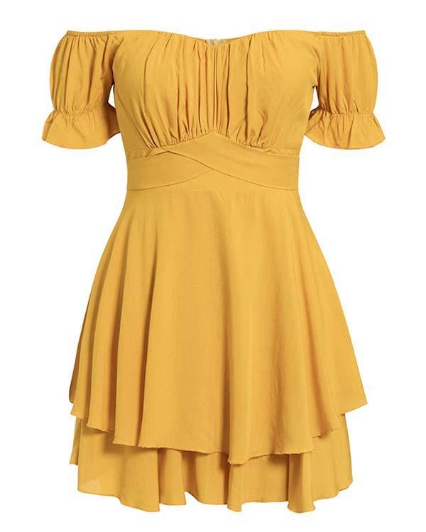 Sexy V-neck Off Shoulder Ruffle Sleeve Solid Color Dress