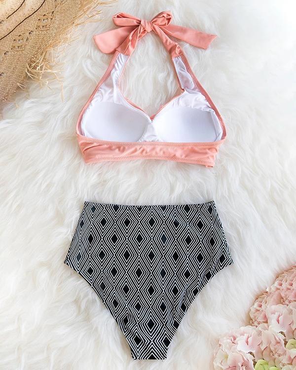 Geometric Print High-waist Pink Twisted Bikini