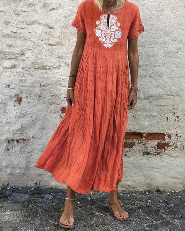 Casual Solid Color Printed Short-Sleeved Maxi Dress