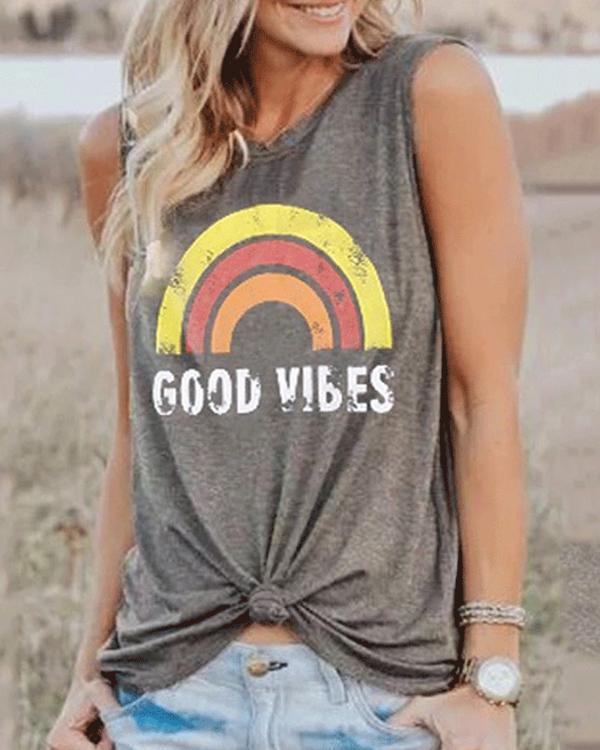Good Vibes Printed Causal O-Neck Tank Tops For Women