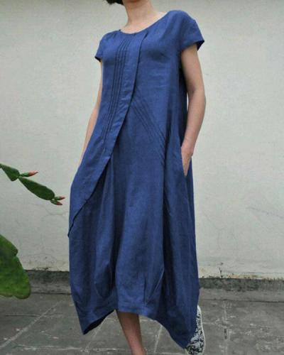 Summer Linen Pockets Pleated Swing Solid Midi Dresses