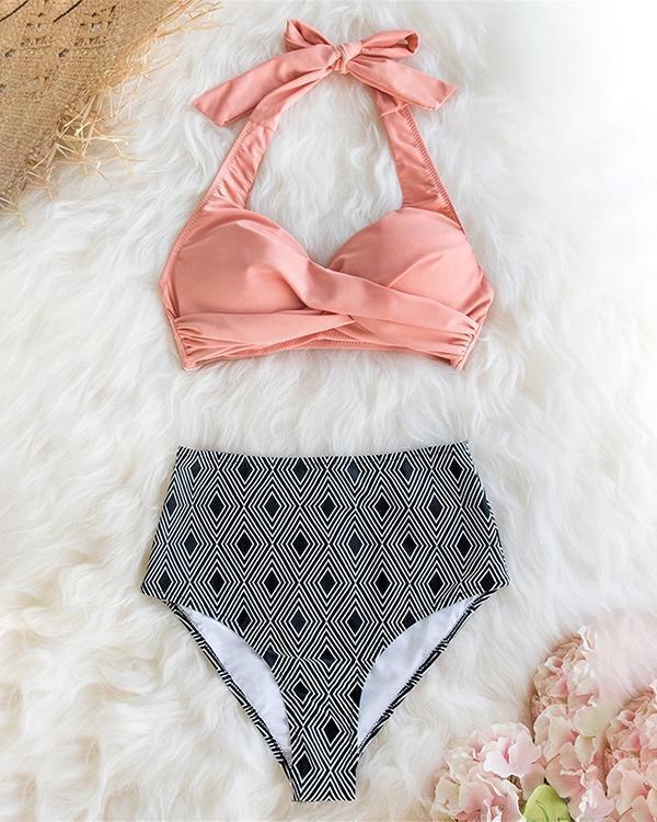 Geometric Print High-waist Pink Twisted Bikini