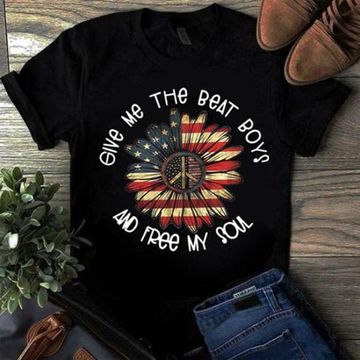 Sunflower American Flag Printed Short-sleeved T-shirt