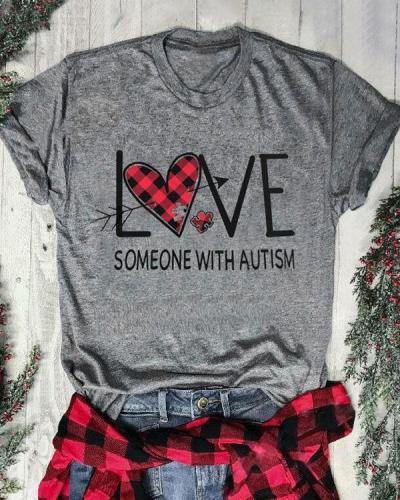 Plaid Printed Love Someone with Autism T-Shirt Tee