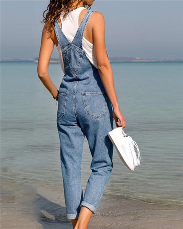 Belted Hole Hollow Out Pocket Casual Fashion Denim Overalls Jumpsuit