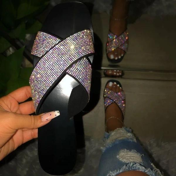 Cross Flat With Rhinestone Slip-On Casual Casual Slippers