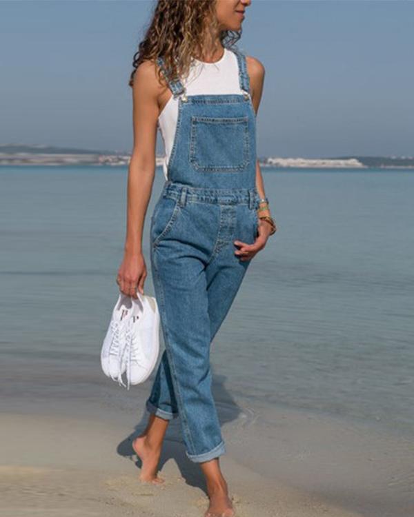 Belted Hole Hollow Out Pocket Casual Fashion Denim Overalls Jumpsuit
