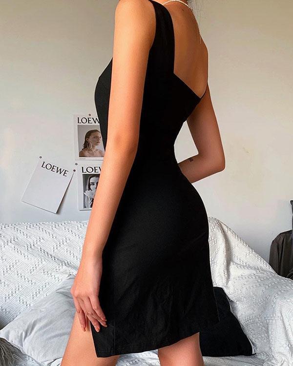 Women Split Side Dress Spaghetti Strap V Neck Sleeveless Black Dress