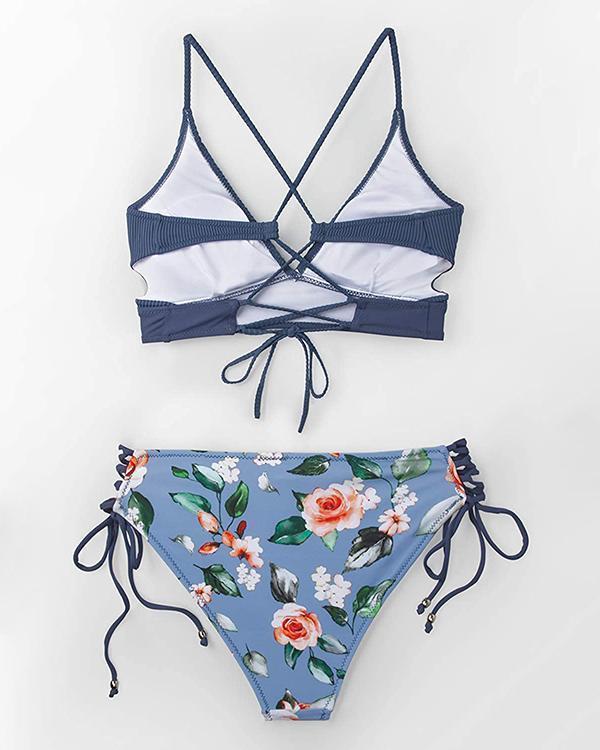 Blue And Floral Lace-Up Bikini Set
