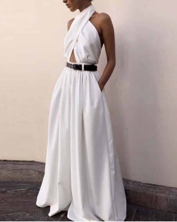 Casual Sexy Sling Off The Shoulder Backless Pure Color Maxi Dress
