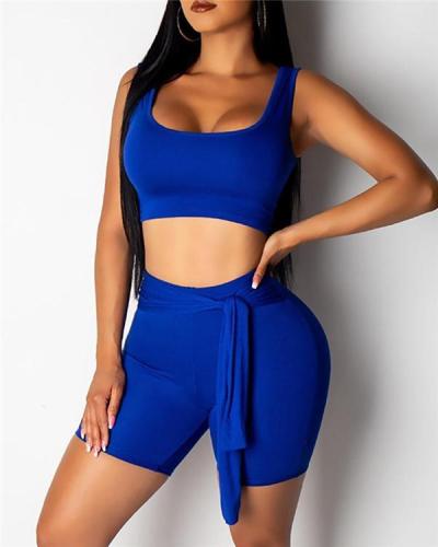 Solid Sport Crop Top And Short Sets