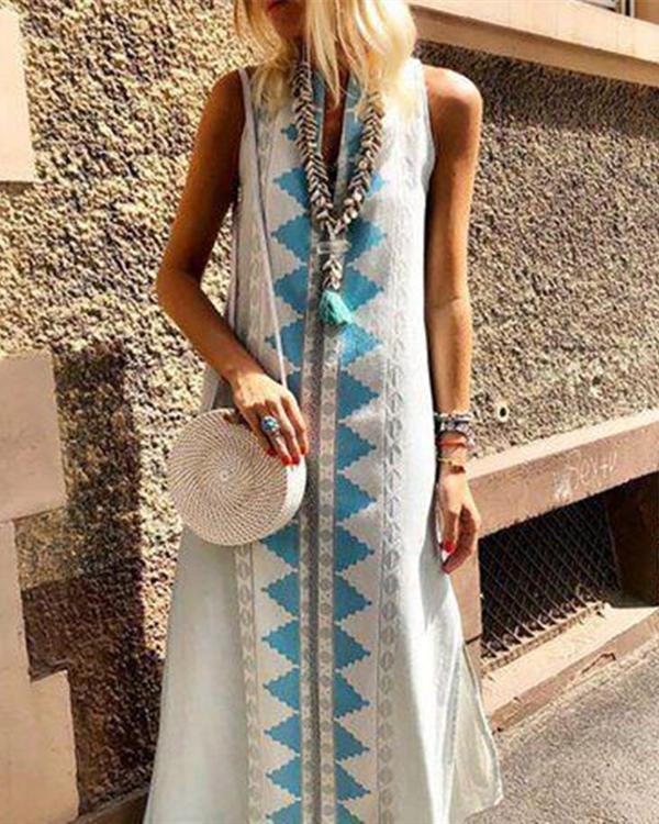Casual Sexy Sleeveless Cotton National Style Printing Maxi Dresses