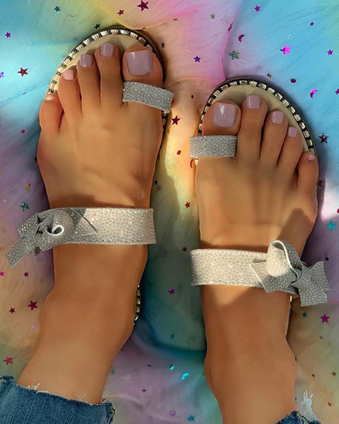 Studded Bowknot Pattern Toe Ring Flat Sandals