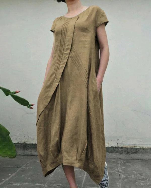 Summer Linen Pockets Pleated Swing Solid Midi Dresses