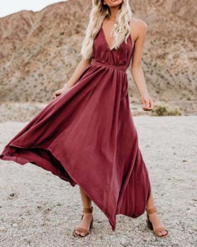 Casual Sleeveless V-Neck Solid Color Maxi Dresses