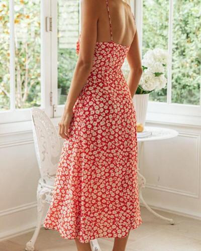 Sexy Sling Backless Bow Floral Midi Dress