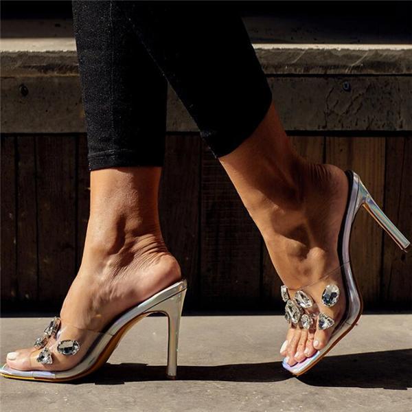 Women's Casual Pure Color Transparent Rhinestone Heels