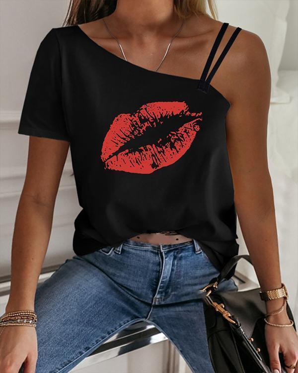 One Shoulder Butterfly Print Casual T-shirt