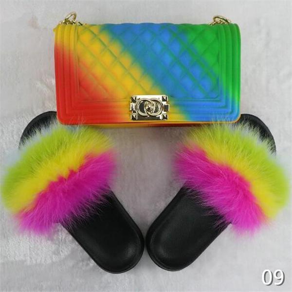 Rainbow Mixed Fur Slides & Bag Set