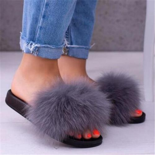 Popular Beige Gray Fur Slides Slippers