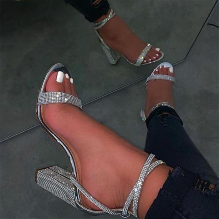 Chunky Heel Open Toe Line-Style Buckle Ankle Strap Rhinestone Casual Sandals