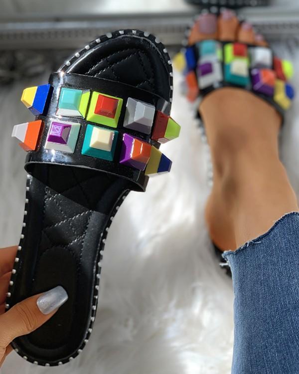 Candy Color Rivet Detail Flat Slider Sandals