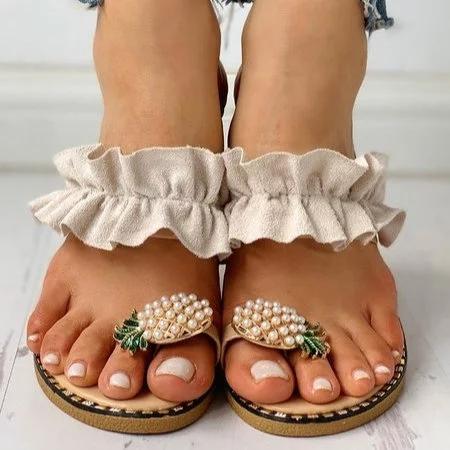 Woman Pineapple Rhinestone Ruffles Flat Heel Slipper Slide Sandals