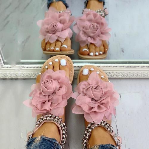 Mesh Floral Embellished Beaded Flat Sandals