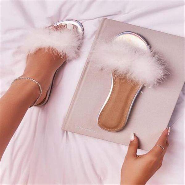 Summer Non-slip Flats Shoes Furry  Outdoor Beach Feather Slippers