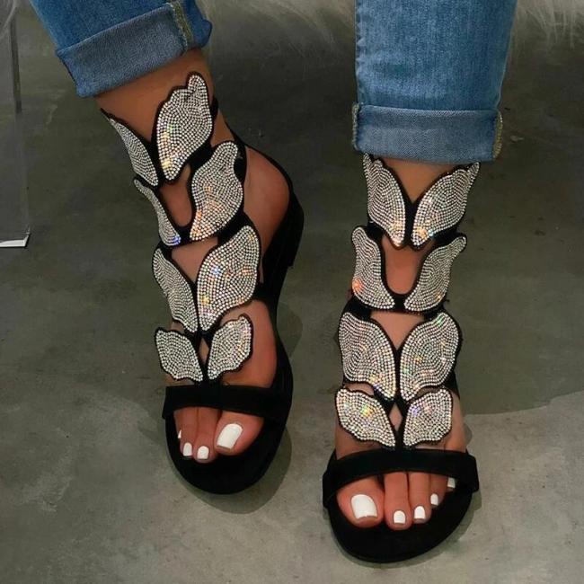 Women Fashion Rhinestone Wings Pattern Sandals
