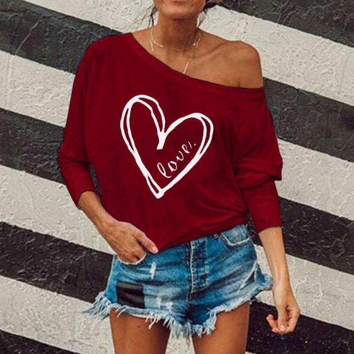 Woman Heart Pattern Long Sleeve Vintage T-shirts