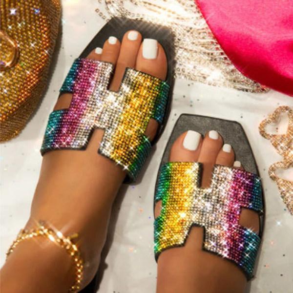 Women's square bottom rhinestone outdoor sandals and slippers
