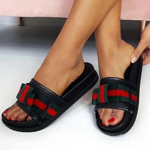 Flip Flop Flat With Slip-On Bow Color Block PVC Slippers